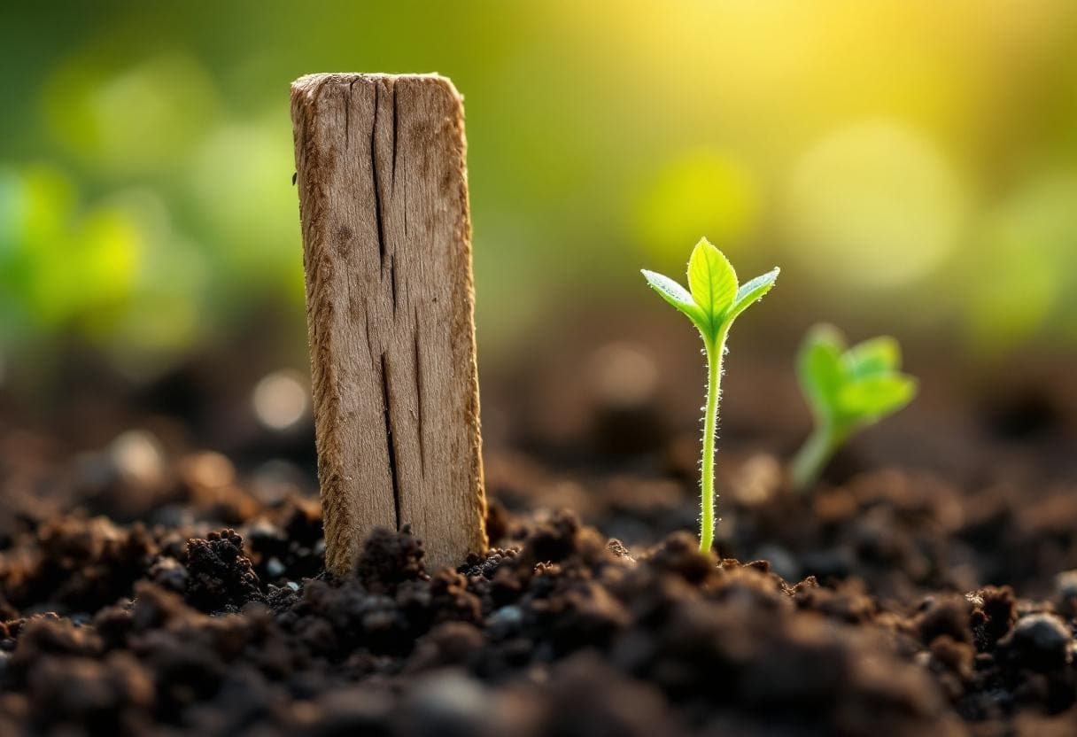 A wooden plant marker pushed into damp soil beside a tiny seedling with dewdrops, warm golden light