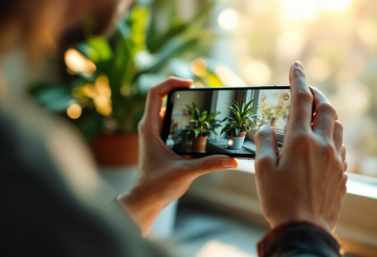 Hands holding a phone framing a healthy potted plant in warm afternoon light