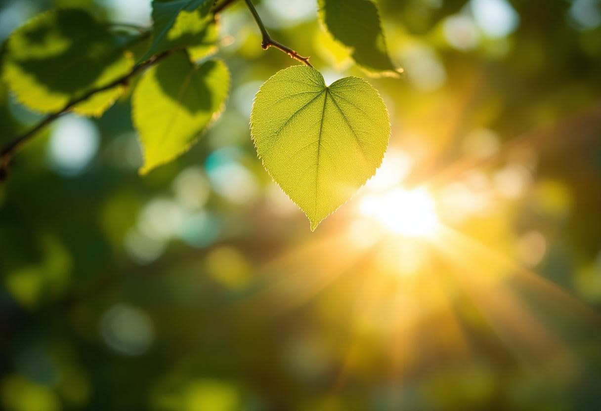 Sunlight breaking through translucent green leaves in a backyard garden
