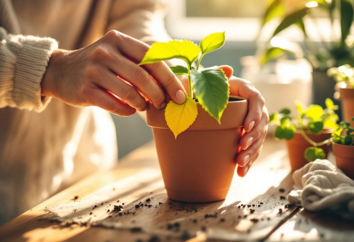 A gardener gently tending a slightly wilted houseplant near a sunlit window