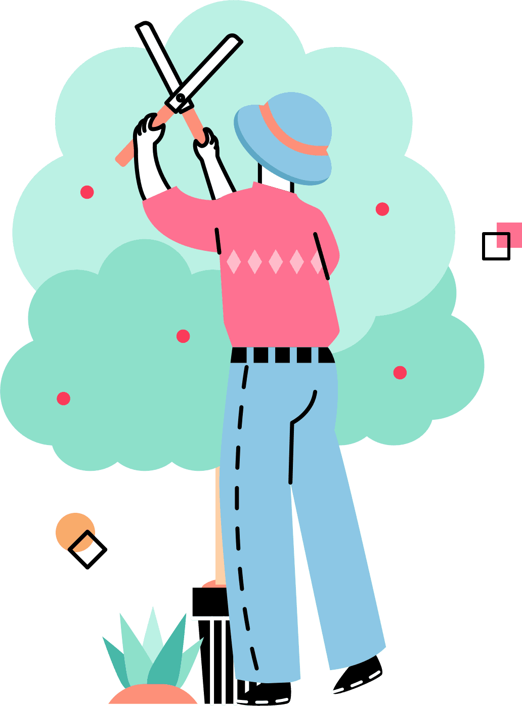 Illustration of a gardener pruning a tree